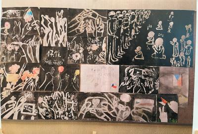 Projekt k výročí 17. listopadu 1989, klovatina a tuš, vedla M. Neubertová