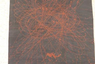 8.ročník Vv-fyzika, velkoformátová malba kyvadlem, kinetické umění, setrvačnost, experimentální malba, tempera, A.Manhartová, J.Šišková, 8. C