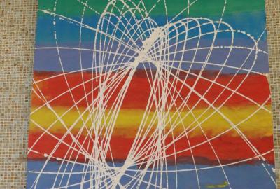 8.ročník Vv-fyzika, velkoformátová malba kyvadlem, kinetické umění, setrvačnost, experimentální malba, tempera, D.Hruška, 8.C