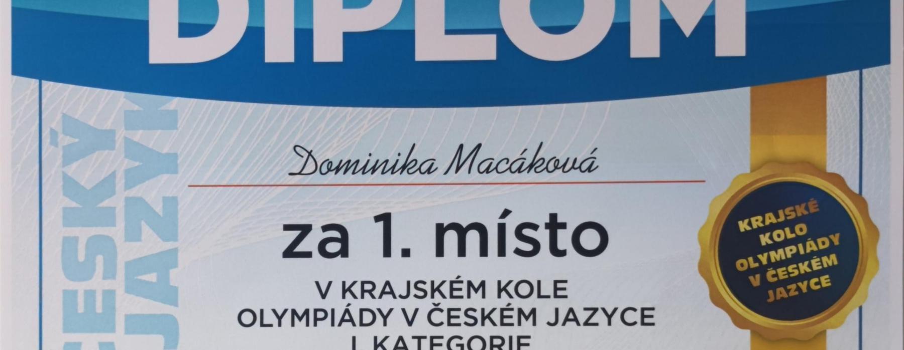 Dominka Macáková z 9. C zvítězila v krajském kole Olympiády v českém jazyce!